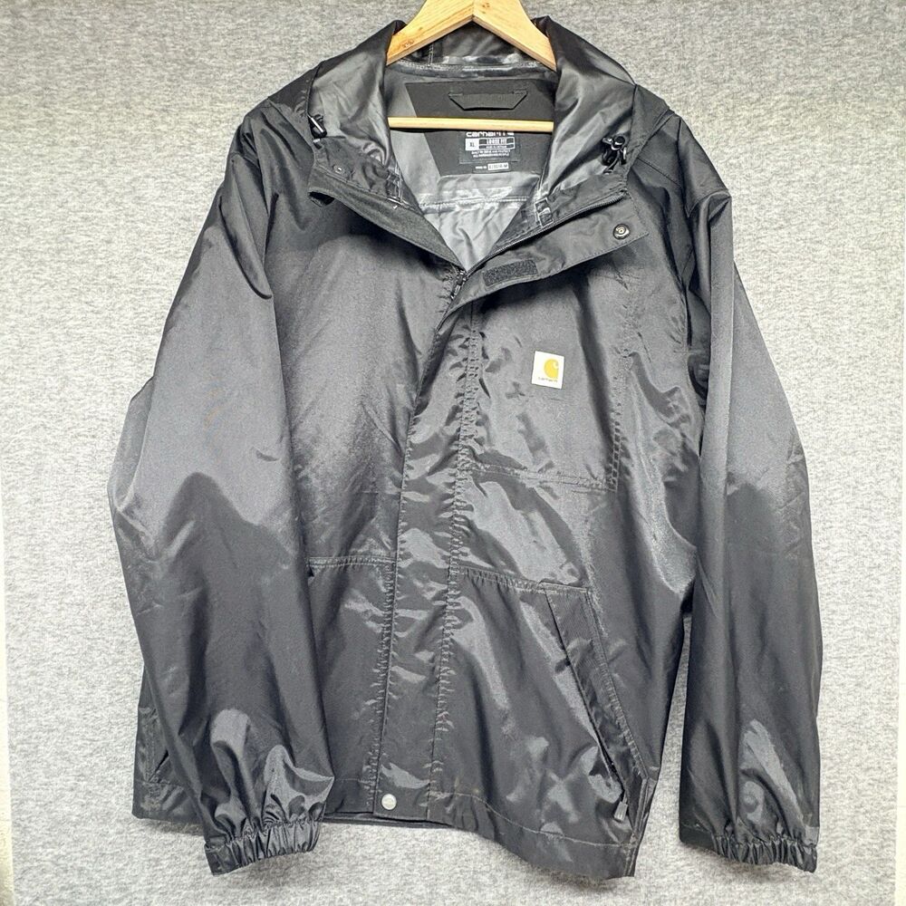 Carhartt Storm Defender Jacket Mens XL Black Hooded Waterproof Rain Coat 101570